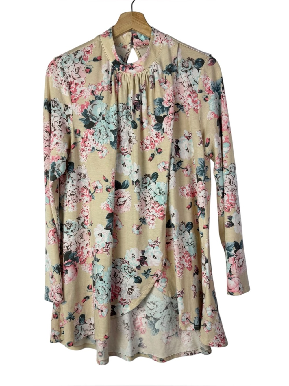 She + Sky Beige & Pink Floral Wrap Front High Neck Long Sleeve Blouse M